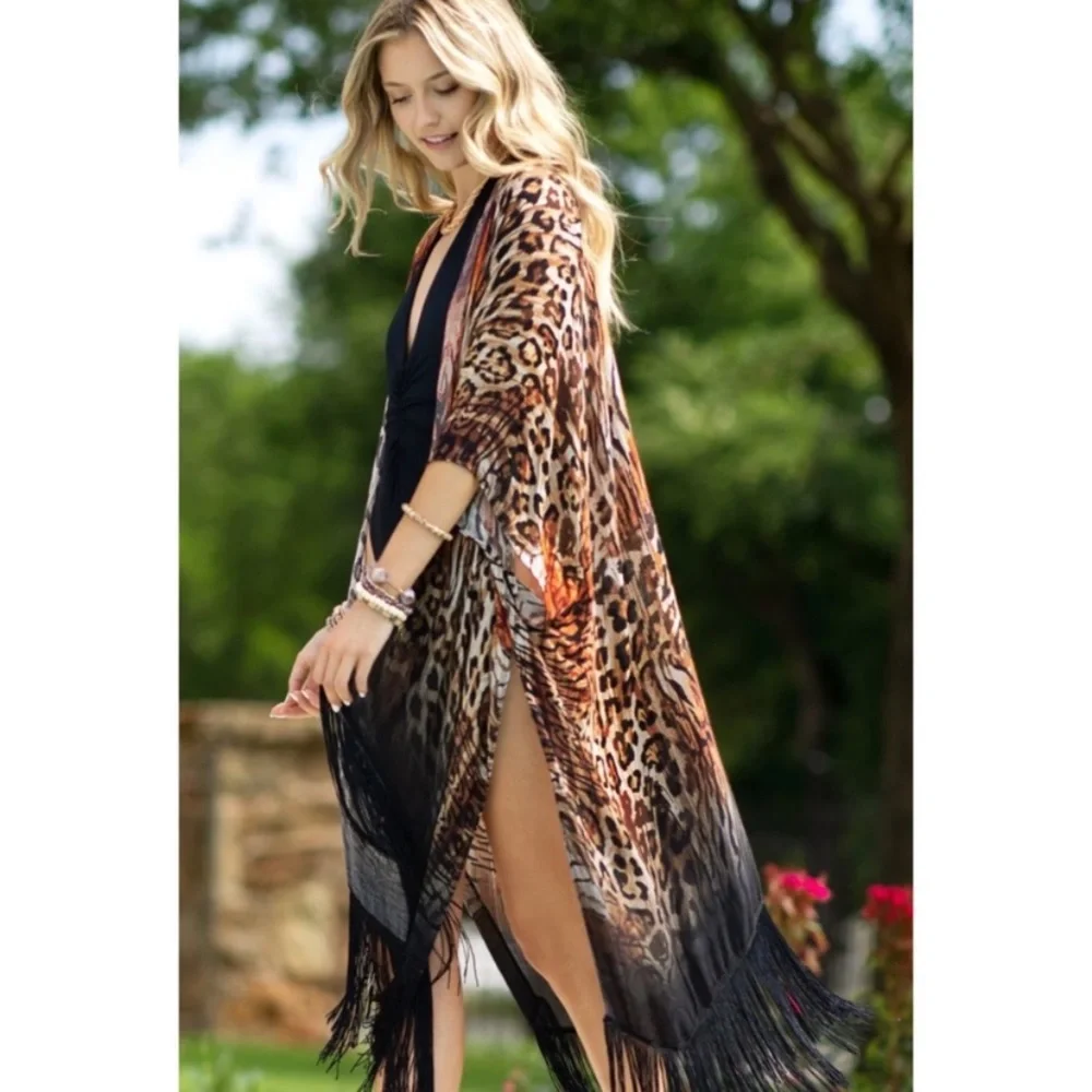🌺LAST1️⃣🌺New Beautiful Flowy Leopard Print Fringe Open Style Kimono - Picture 5 of 9
